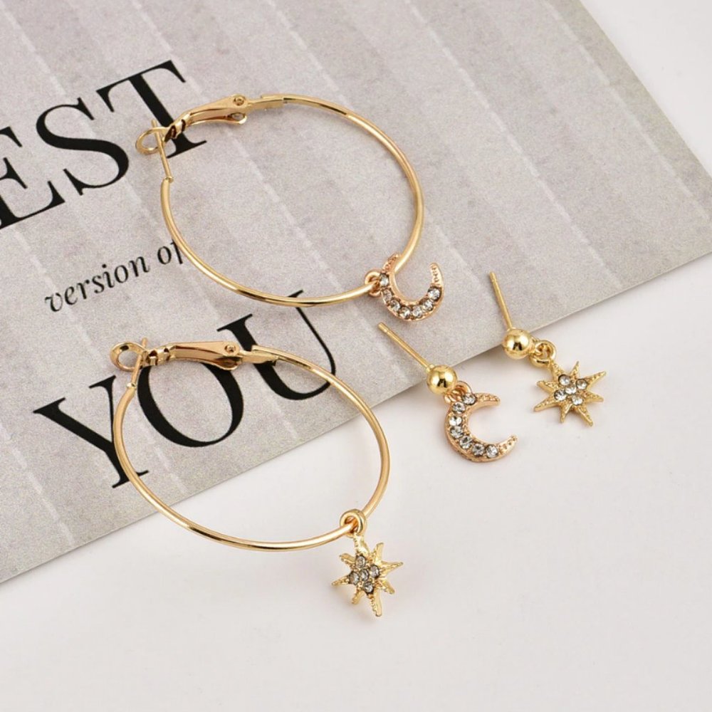 Gold Star Moon Stud & Hoop Earrings Set - Picture 5 of 6